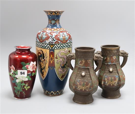Two Japanese cloisonne enamel vases and a pair of Japanese bronze and champleve enamel vases (4) tallest 31cm